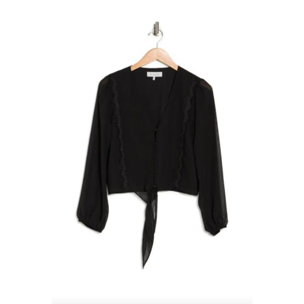 WAYF Lace Trim Knotted Long Sleeve Blouse Black Women's Size M - Picture 2 of 11